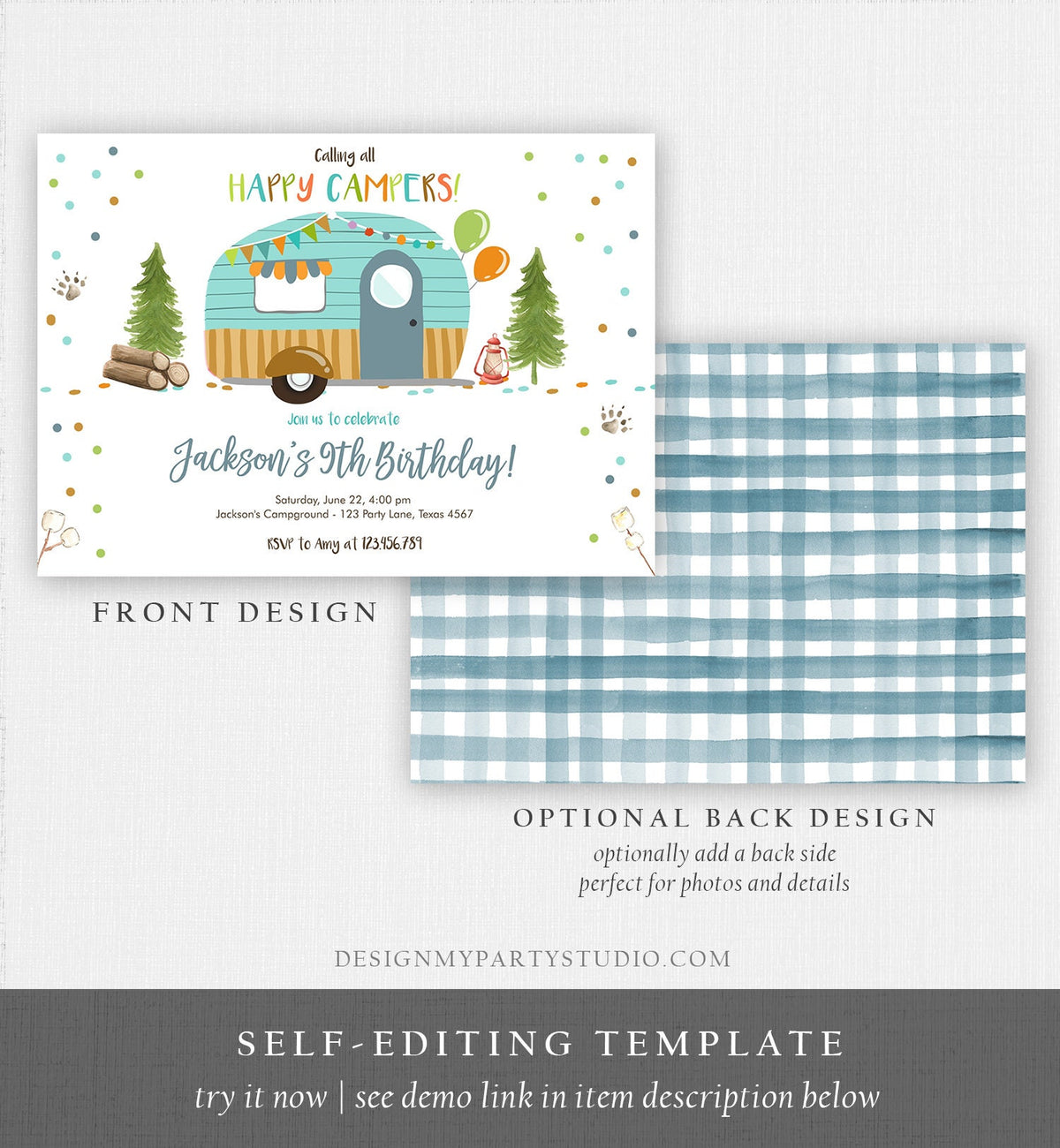 Editable Happy Camper Birthday Invitation Boy Birthday Camping Party S&#39;more Forest Glamping Download Printable Template Digital Corjl 0342