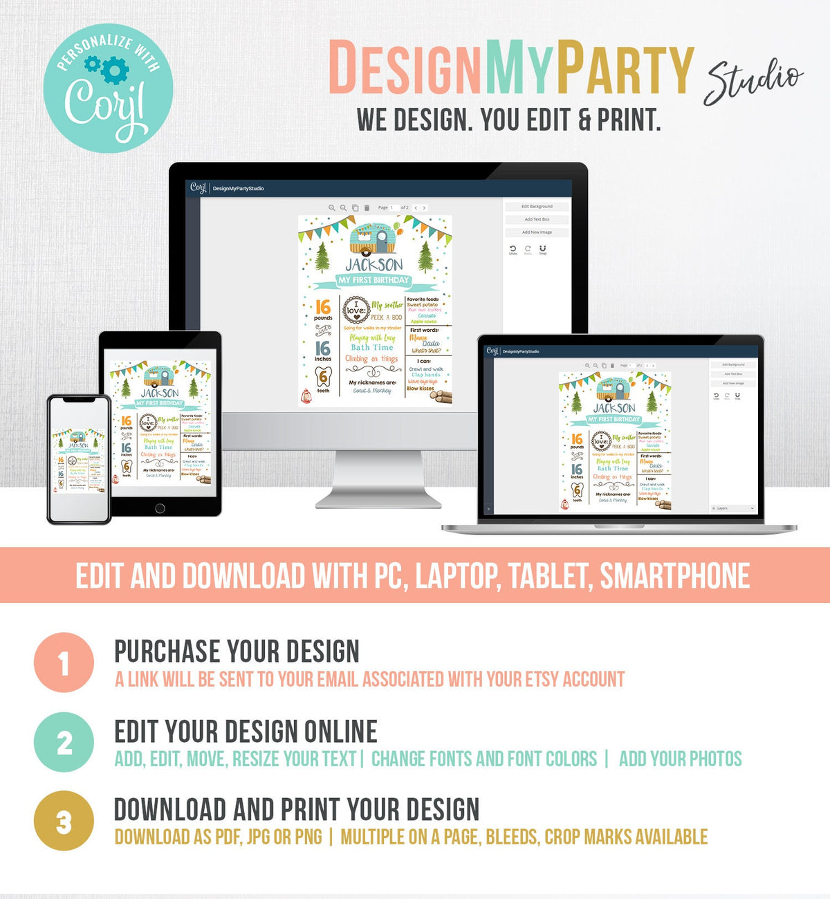 Editable Happy Camper Birthday Milestones Sign ANY AGE Camper Boy Glamping Party Decoration Adventure Digital Template Printable 0342
