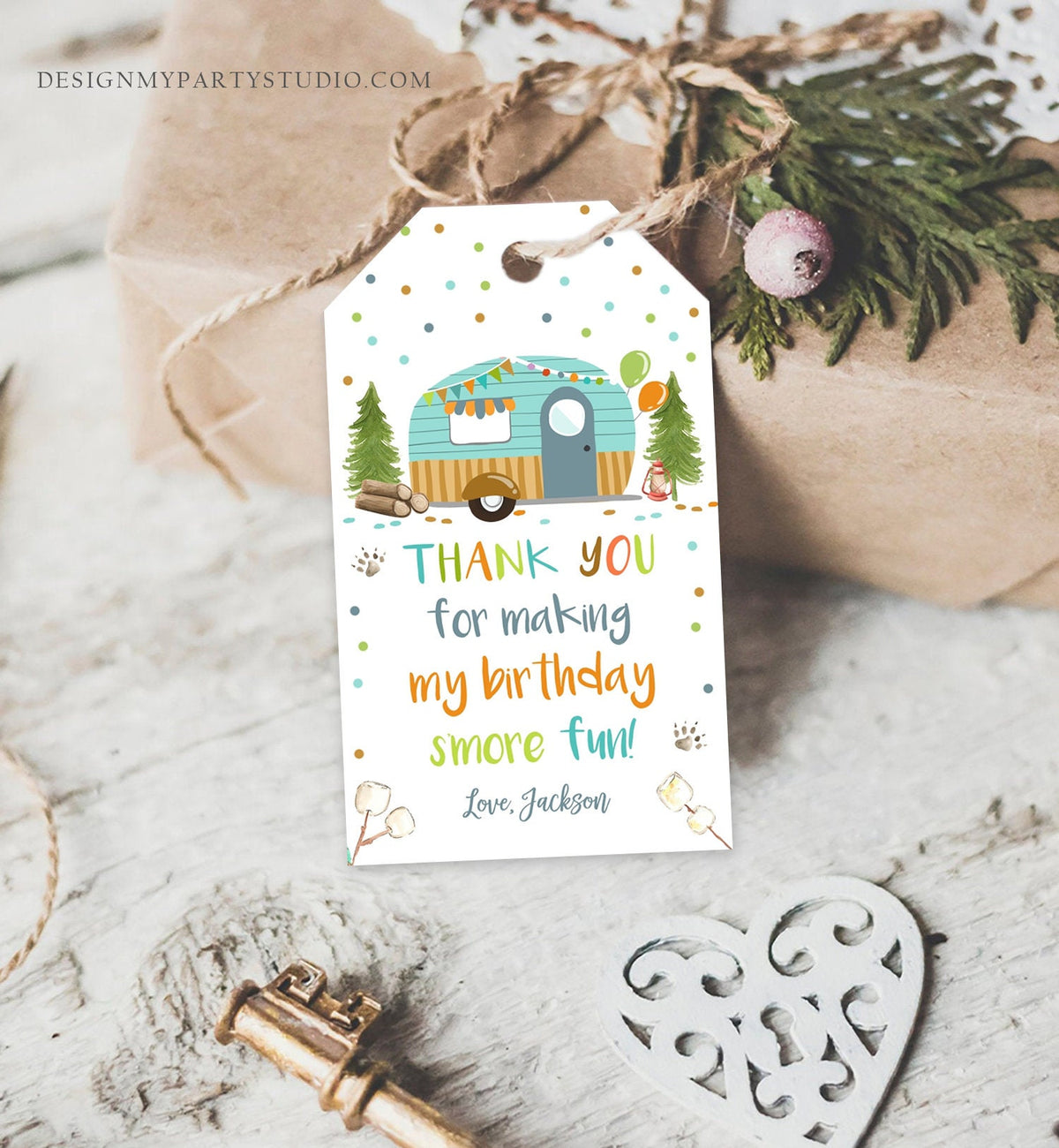 Editable S&#39;more Fun Tags Thank you Happy Camper Birthday Party Favor Tags Smore Fun Camping Boy Adventure Template Digital Printable 0342