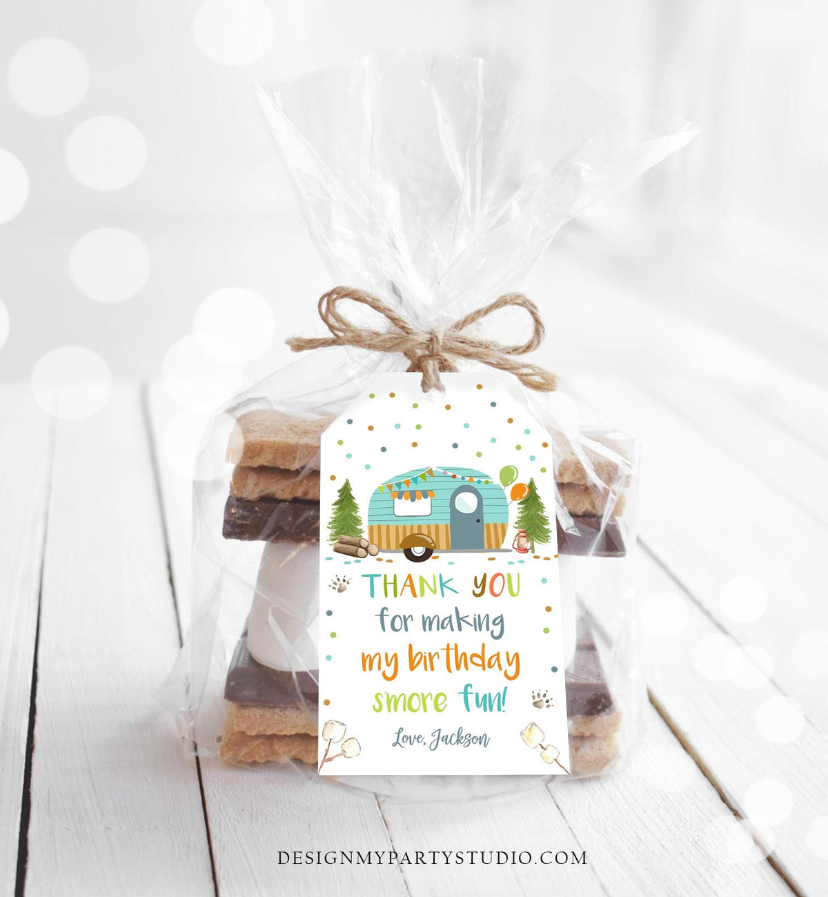 Editable S&#39;more Fun Tags Thank you Happy Camper Birthday Party Favor Tags Smore Fun Camping Boy Adventure Template Digital Printable 0342