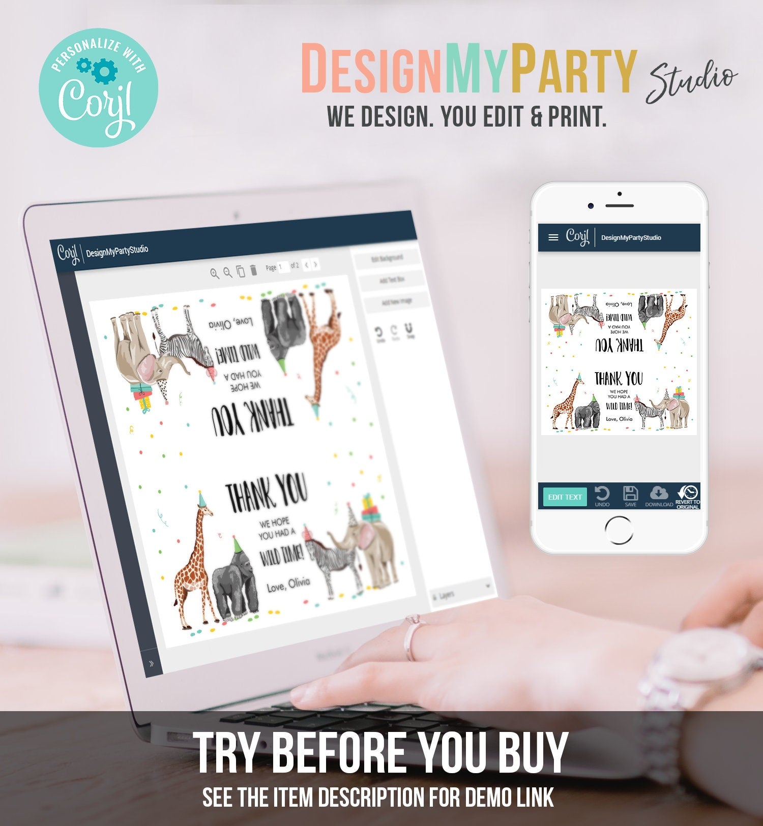 Editable Party Animals Treat Bag Toppers Safari Animals Birthday Thank You Wild One Favor Bag Zoo Wild Time Corjl Template Printable 0142