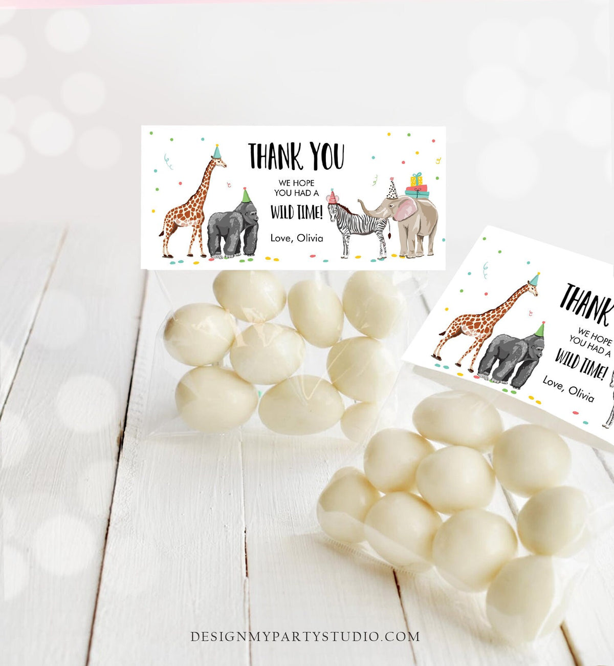 Editable Party Animals Treat Bag Toppers Safari Animals Birthday Thank You Wild One Favor Bag Zoo Wild Time Corjl Template Printable 0142