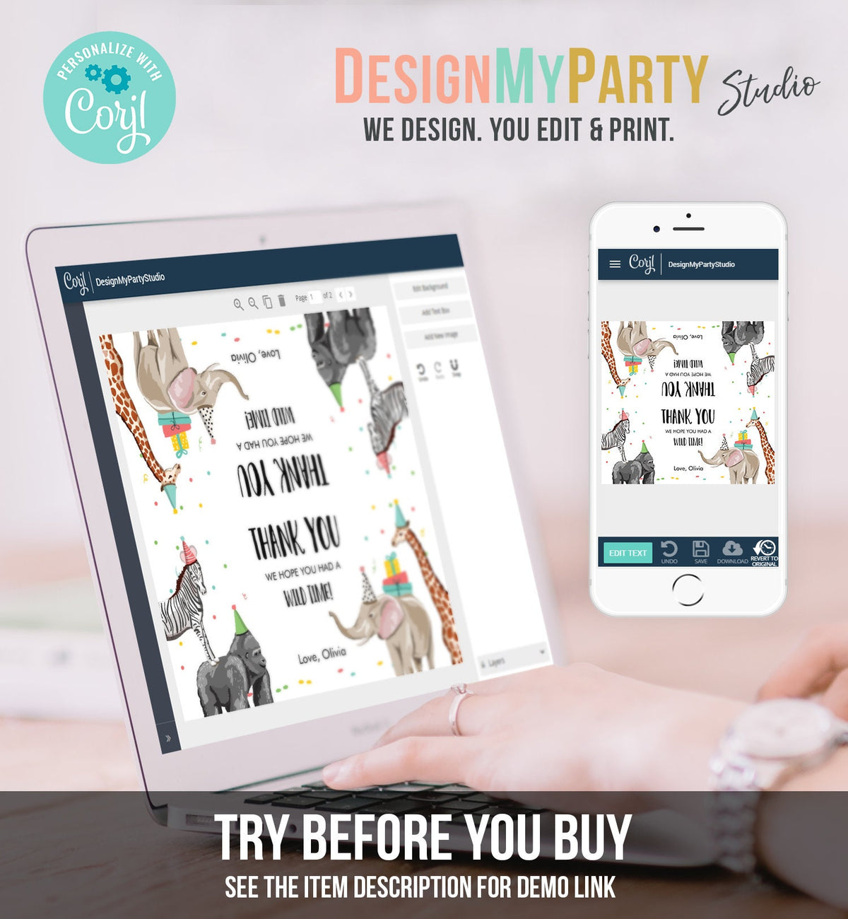 Editable Party Animals Treat Bag Toppers Safari Animals Birthday Thank You Wild One Favor Bag Zoo Wild Time Corjl Template Printable 0142