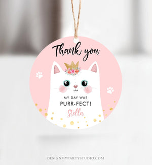 Editable Kitten Party Favor Tags Kitty Birthday Thank you Tags Round Cat Party Gift tags Girl Pink Purr-fect Template Corjl PRINTABLE 0381