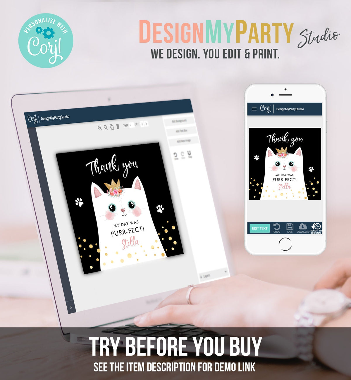 Editable Kitten Party Favor Tags Kitty Birthday Thank you Tags Round Cat Party Gift tags Girl Black Purrfect Template Corjl PRINTABLE 0381