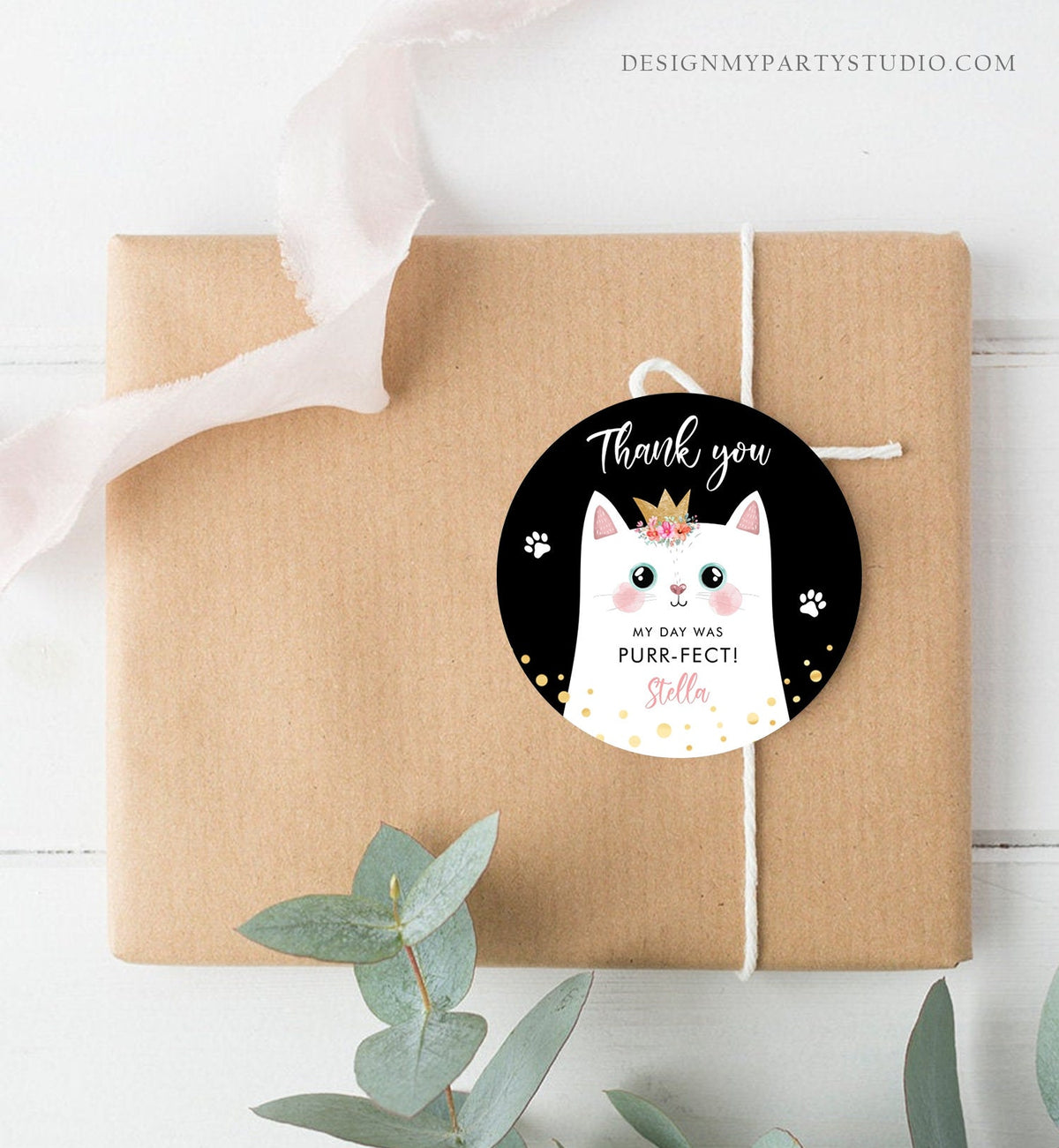 Editable Kitten Party Favor Tags Kitty Birthday Thank you Tags Round Cat Party Gift tags Girl Black Purrfect Template Corjl PRINTABLE 0381