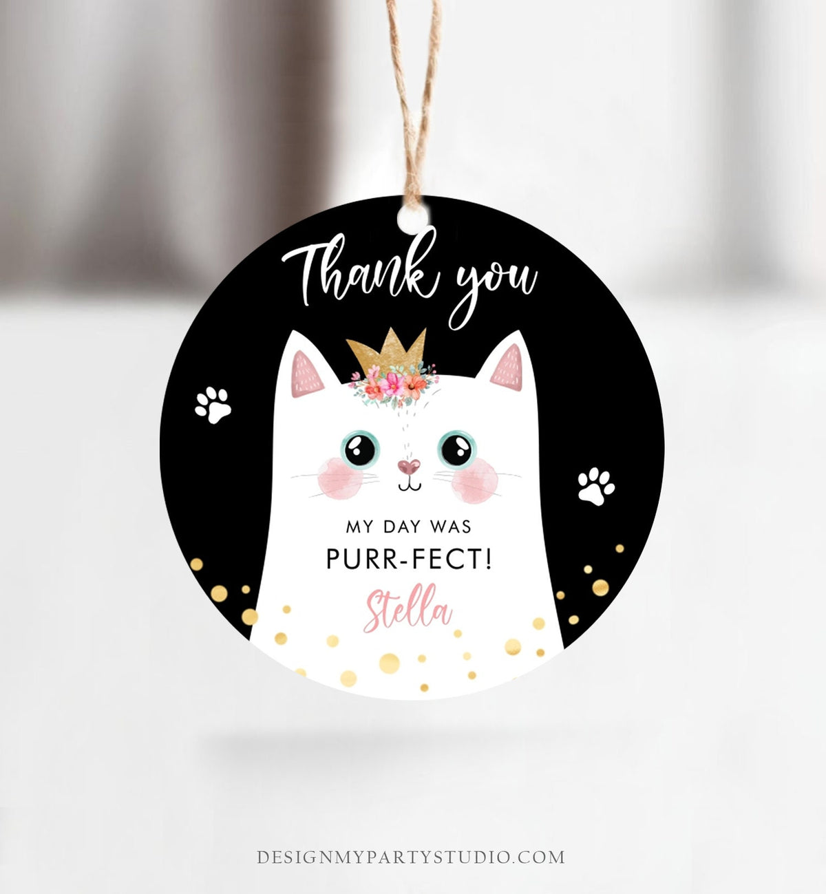 Editable Kitten Party Favor Tags Kitty Birthday Thank you Tags Round Cat Party Gift tags Girl Black Purrfect Template Corjl PRINTABLE 0381