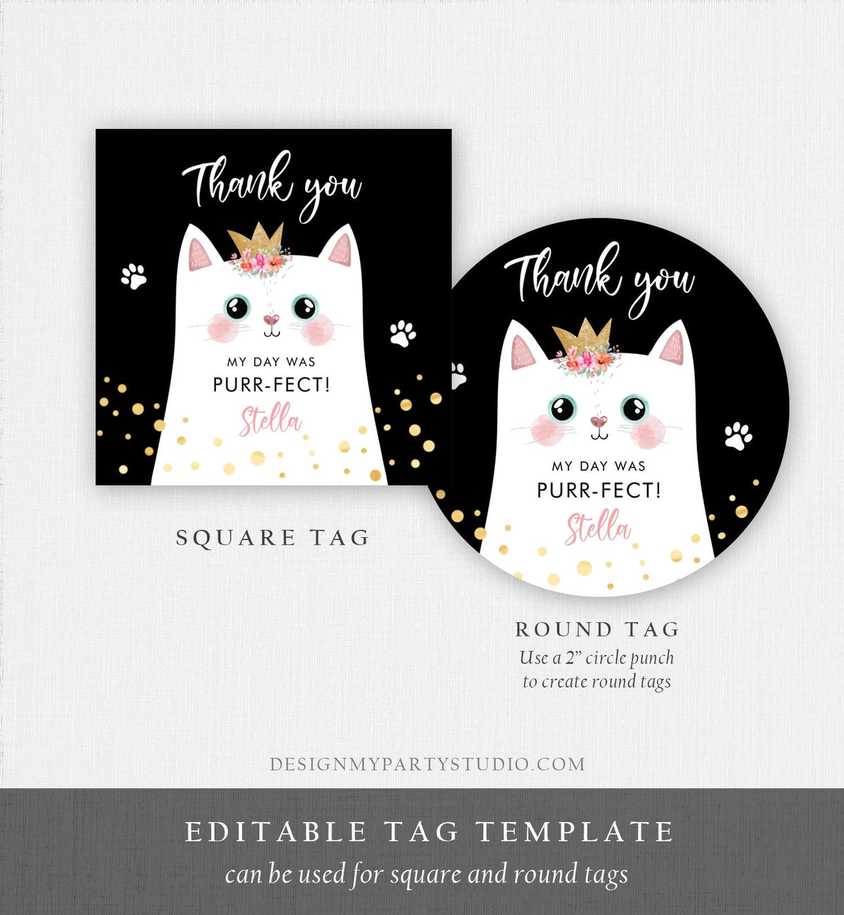 Editable Kitten Party Favor Tags Kitty Birthday Thank you Tags Round Cat Party Gift tags Girl Black Purrfect Template Corjl PRINTABLE 0381