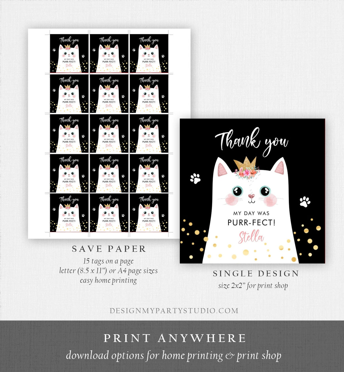 Editable Kitten Party Favor Tags Kitty Birthday Thank you Tags Round Cat Party Gift tags Girl Black Purrfect Template Corjl PRINTABLE 0381