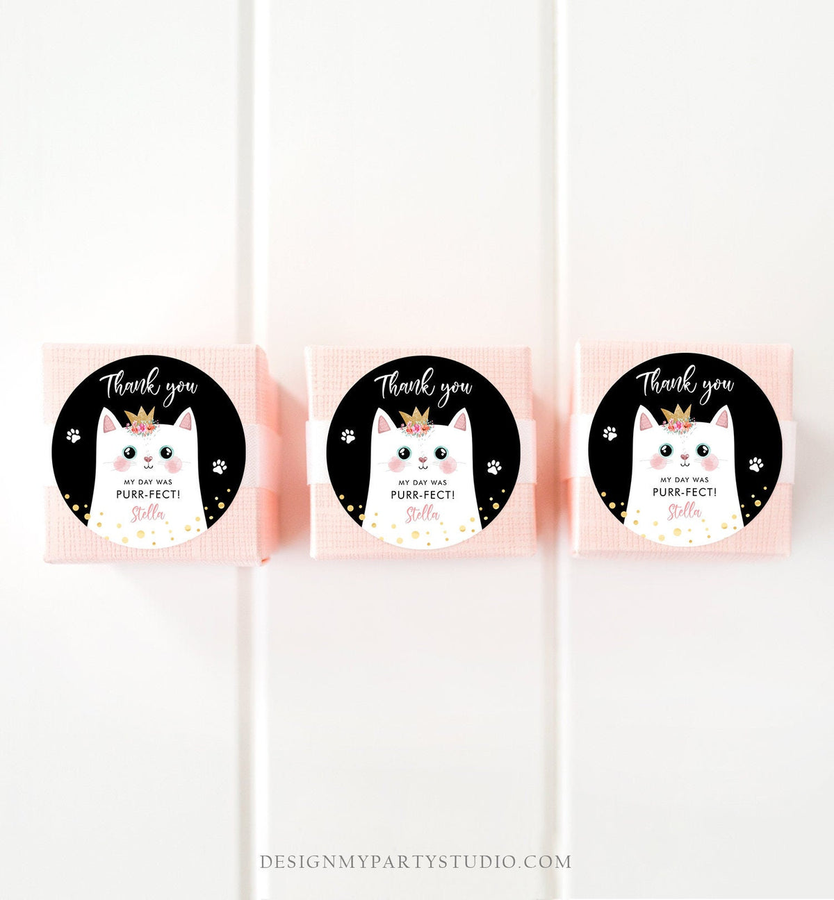 Editable Kitten Party Favor Tags Kitty Birthday Thank you Tags Round Cat Party Gift tags Girl Black Purrfect Template Corjl PRINTABLE 0381