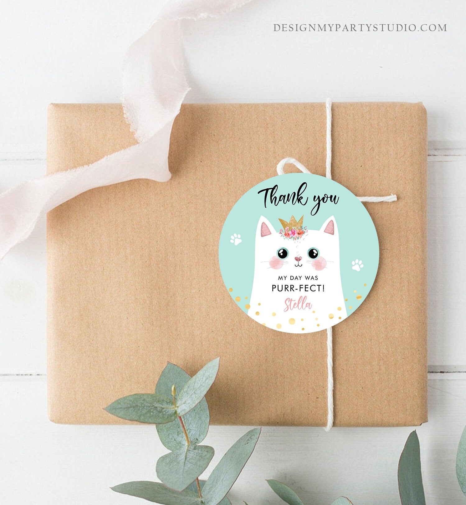 Editable Kitten Party Favor Tags Kitty Birthday Thank you Tags Round Cat Party Gift tags Girl Pink Purr-fect Template Corjl PRINTABLE 0381