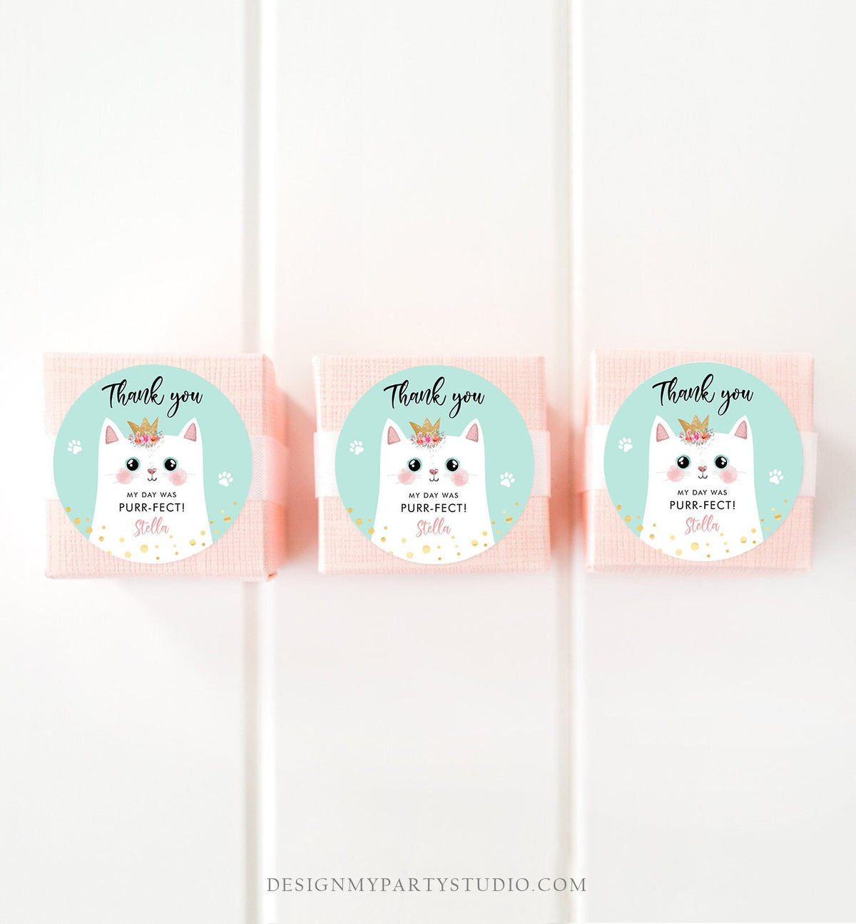 Editable Kitten Party Favor Tags Kitty Birthday Thank you Tags Round Cat Party Gift tags Girl Pink Purr-fect Template Corjl PRINTABLE 0381