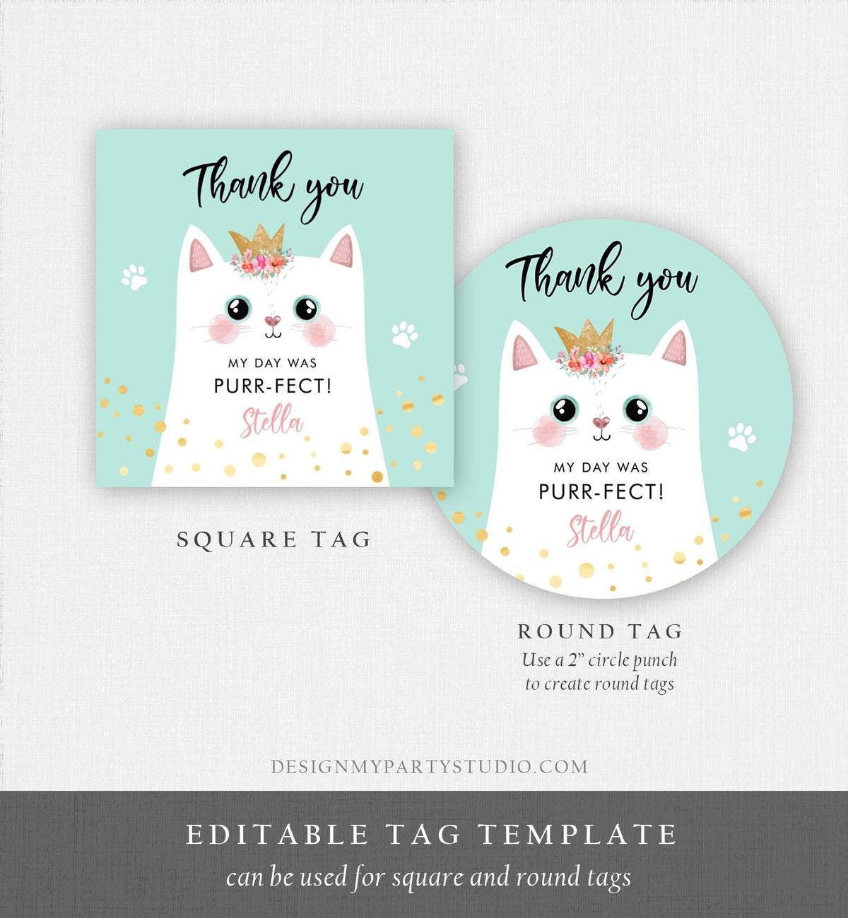Editable Kitten Party Favor Tags Kitty Birthday Thank you Tags Round Cat Party Gift tags Girl Pink Purr-fect Template Corjl PRINTABLE 0381