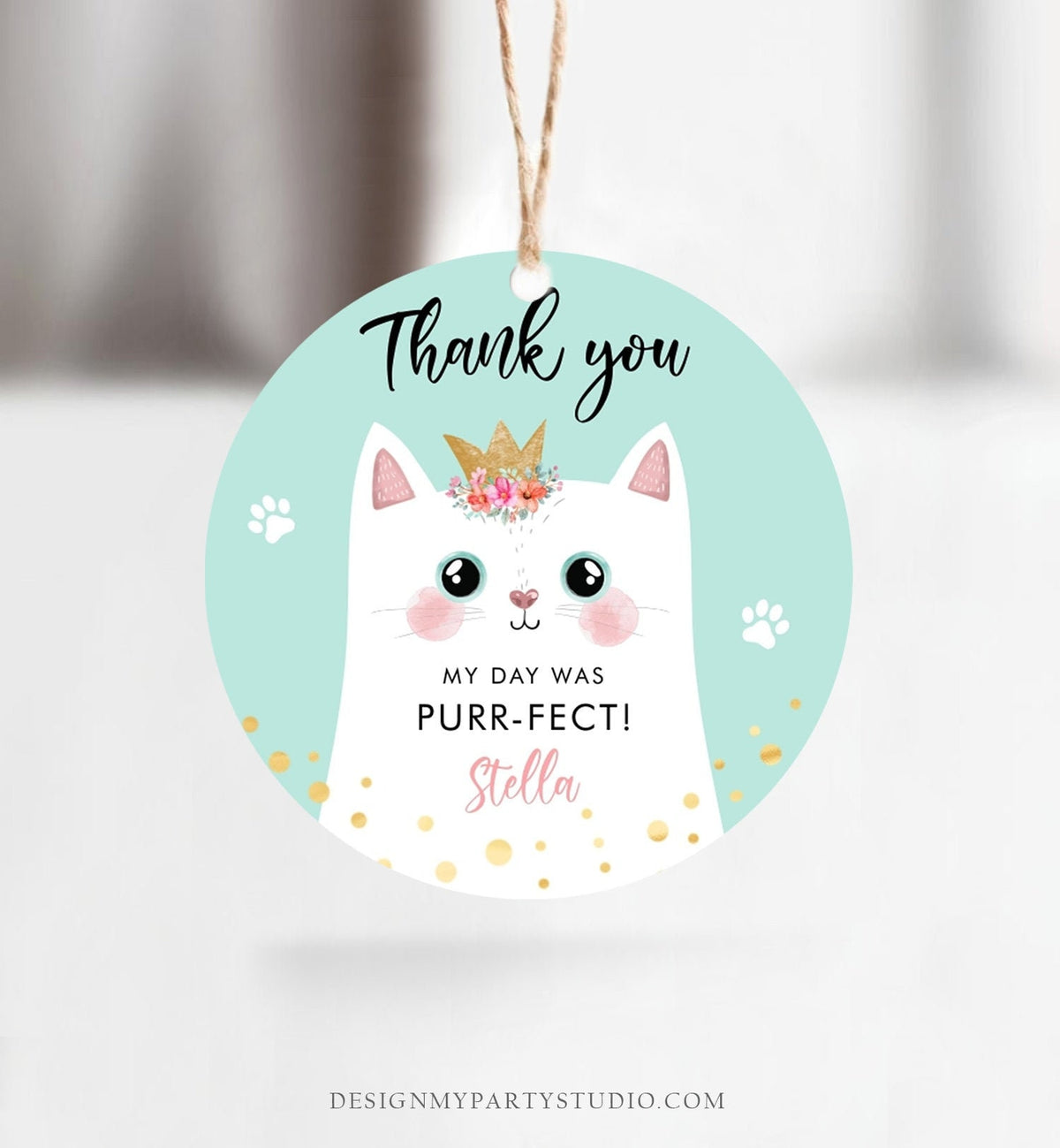 Editable Kitten Party Favor Tags Kitty Birthday Thank you Tags Round Cat Party Gift tags Girl Pink Purr-fect Template Corjl PRINTABLE 0381