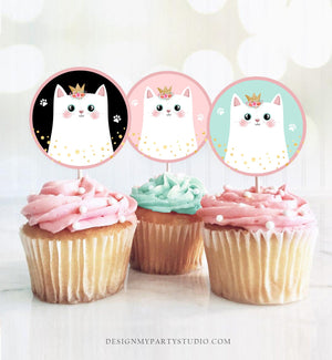 Kitten Birthday Cupcake Toppers Kitty Cat Birthday Favor Tags Girl Pink Favors Stickers Kitten Party Cute download Digital PRINTABLE 0381