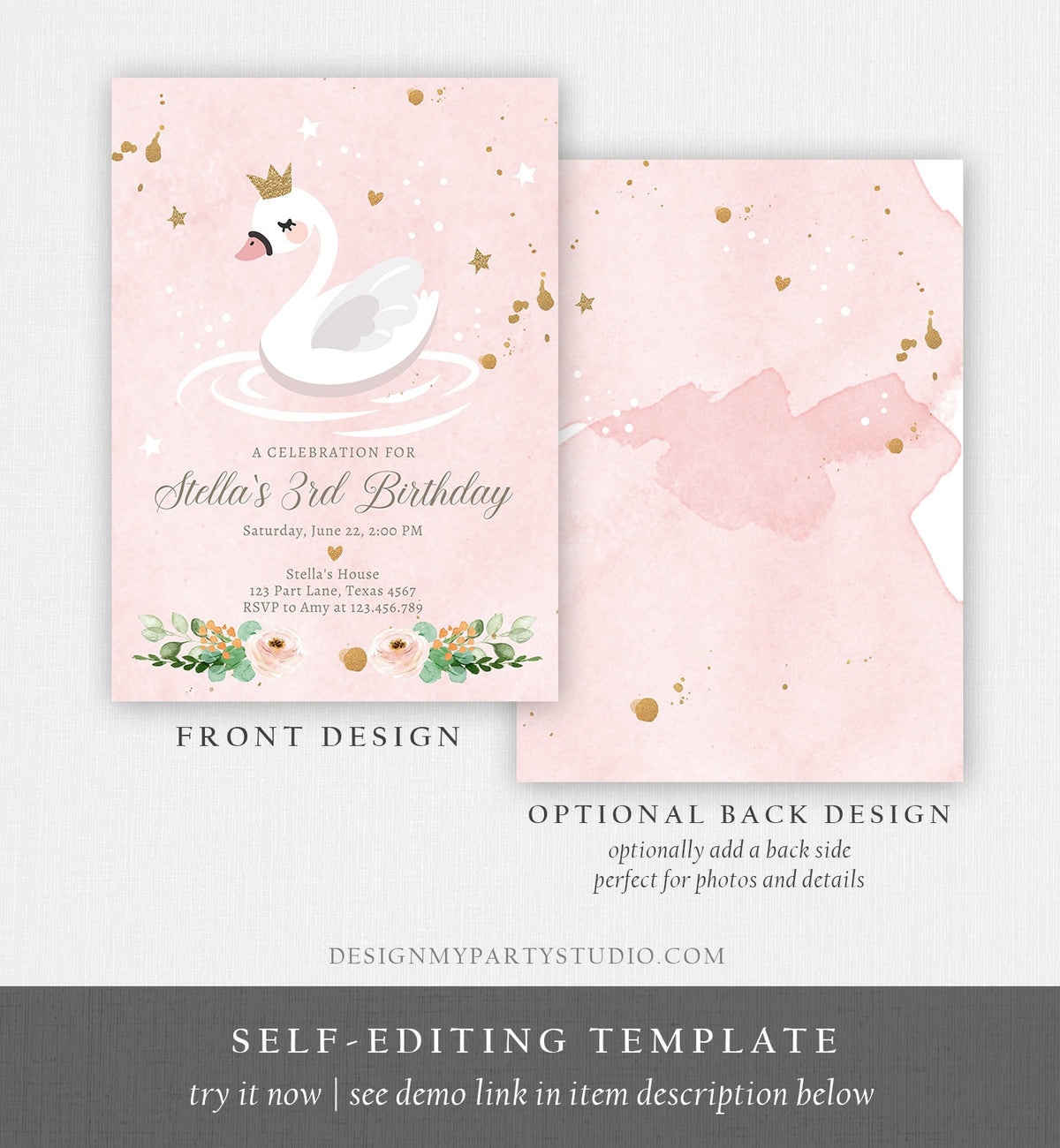 Editable Swan Birthday Invitation Girl Swan Princess Birthday Invite Pink Gold 1st 2nd 3rd Download Printable Template Digital Evite 0382