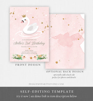 Editable Swan Birthday Invitation Girl Swan Princess Birthday Invite Pink Gold 1st 2nd 3rd Download Printable Template Digital Corjl 0382