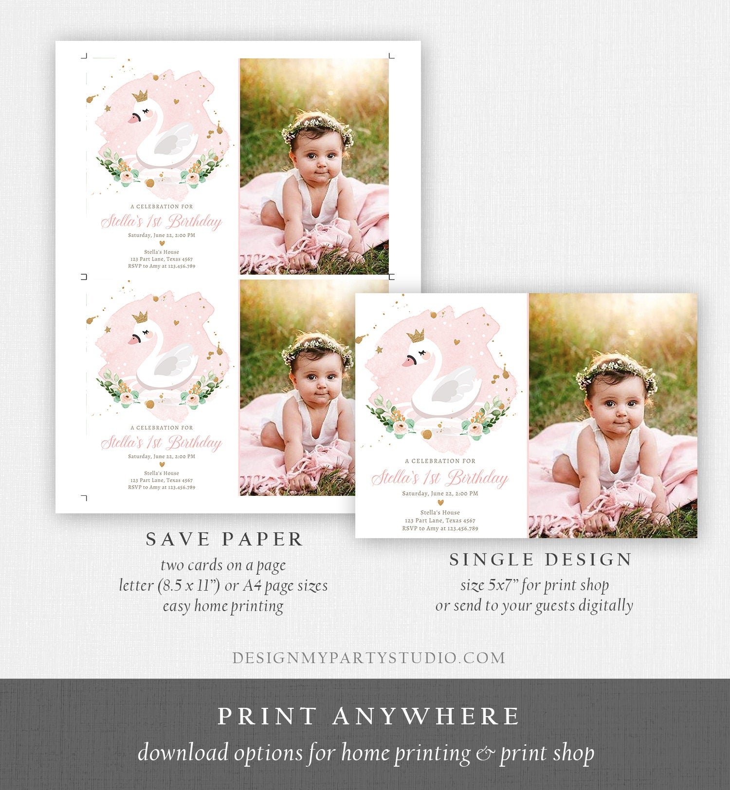 Editable Swan Birthday Invitation Girl Swan Princess Birthday Invite Pink Gold 1st 2nd 3rd Digital Download Evite Template Printable 0382