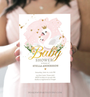 Editable Swan Baby Shower Invitation Girl Shower Invite Princess Pink Gold Swans Little Swan Download Printable Template Digital Corjl 0382