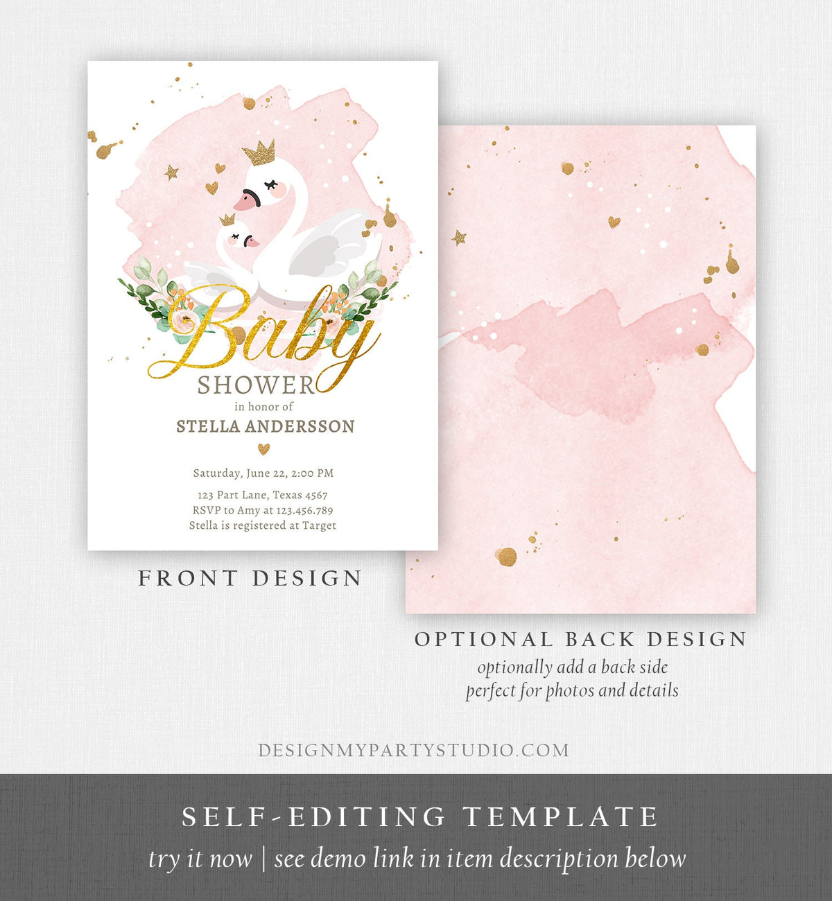 Editable Swan Baby Shower Invitation Girl Shower Invite Princess Pink Gold Swans Little Swan Download Printable Template Digital Corjl 0382