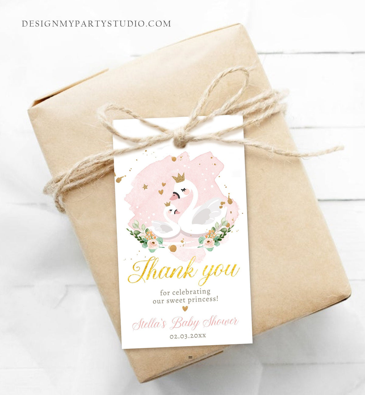 Editable Floral Swan Baby Shower Favor Tags Thank You Tags Swans Girl Pink Gold Princess Swan Gift Tag Decor Digital Template Printable 0382