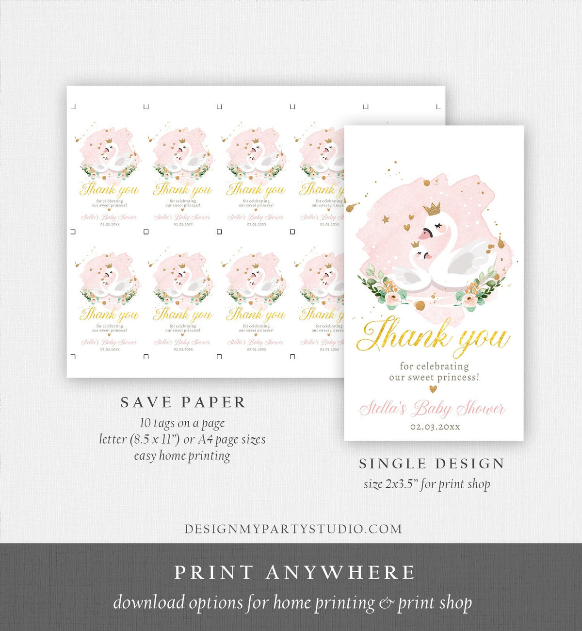 Editable Floral Swan Baby Shower Favor Tags Thank You Tags Swans Girl Pink Gold Princess Swan Gift Tag Decor Digital Template Printable 0382