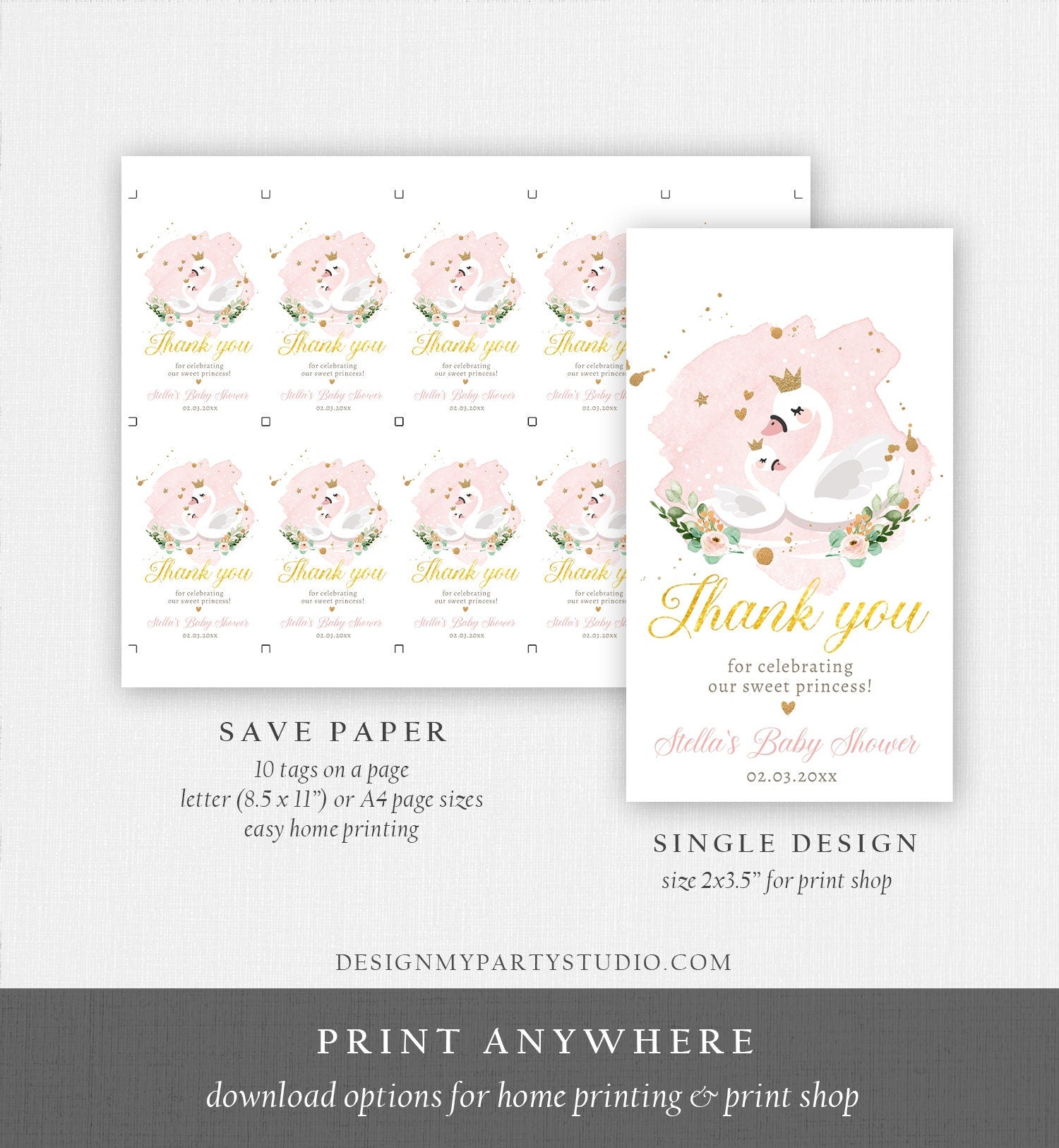 Editable Floral Swan Baby Shower Favor Tags Thank You Tags Swans Girl Pink Gold Princess Swan Gift Tag Decor Digital Template Printable 0382