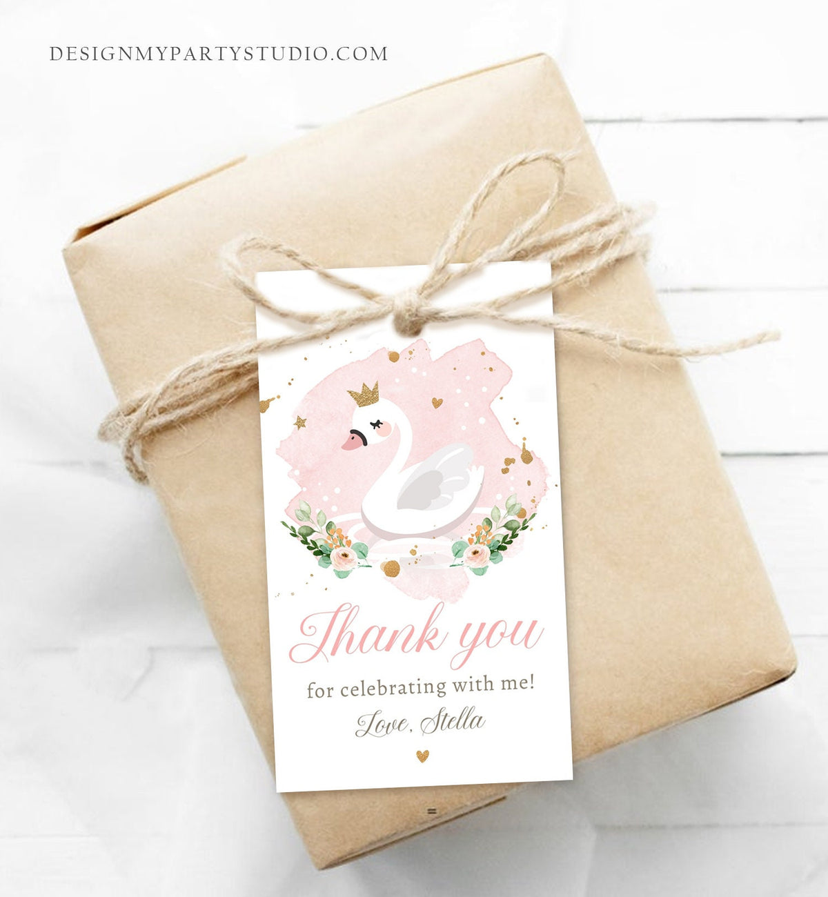 Editable Floral Swan Birthday Favor Tags Thank You Tags Princess Swan Girl Pink Gold Birthday Gift Tag Decor Digital Template Printable 0382