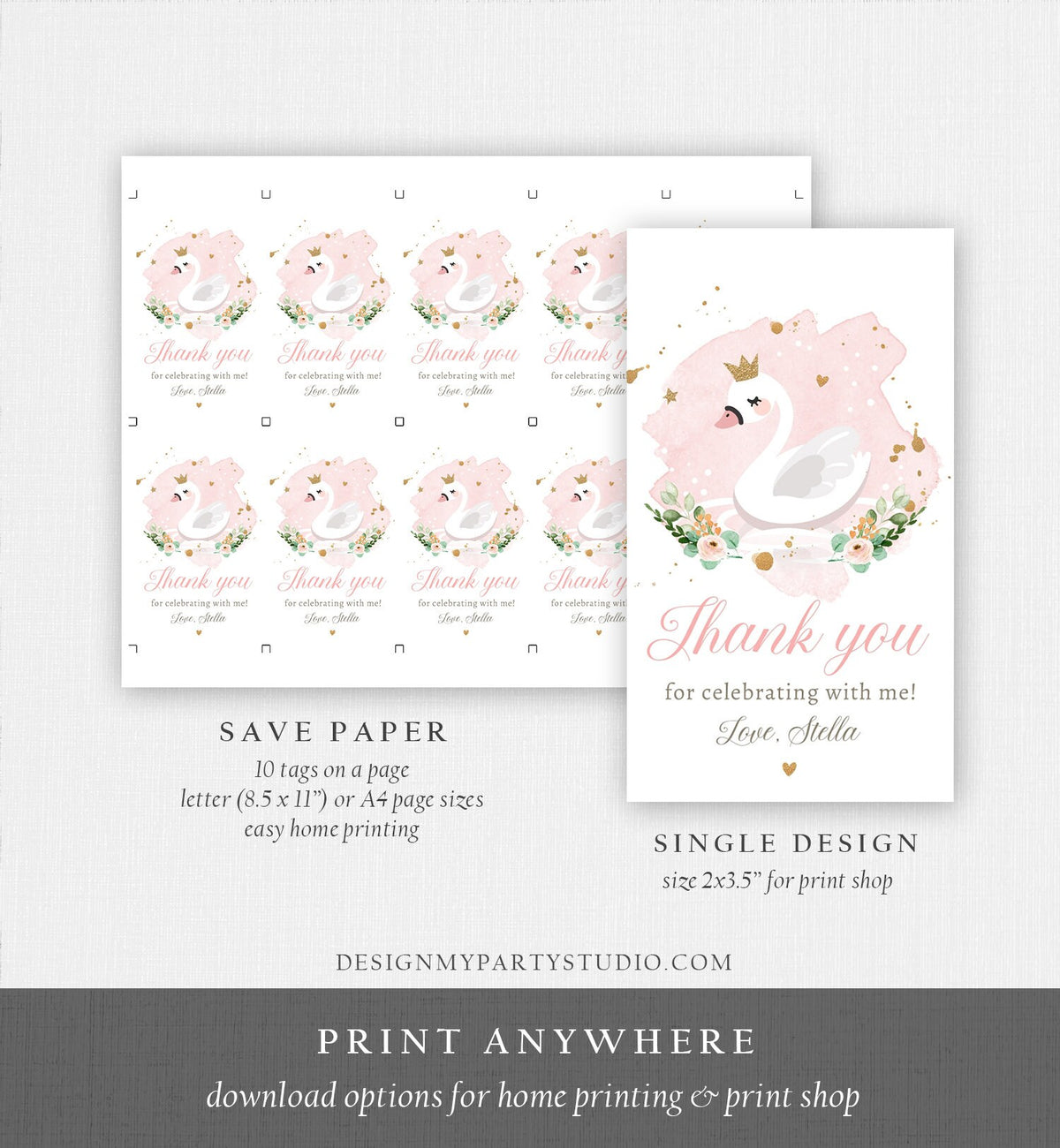 Editable Floral Swan Birthday Favor Tags Thank You Tags Princess Swan Girl Pink Gold Birthday Gift Tag Decor Digital Template Printable 0382