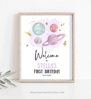Editable Outer Space Birthday Welcome Sign 1st Birthday Girl Purple Galaxy Planets Around the Sun Astronaut Template PRINTABLE Corjl 0357