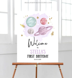 Editable Outer Space Birthday Welcome Sign 1st Birthday Girl Purple Galaxy Planets Around the Sun Astronaut Template PRINTABLE Corjl 0357