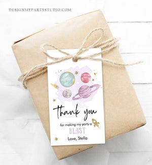 Editable Outer Space Favor Tags Space Birthday Thank you Label Galaxy Gift Trip Around the Sun Planets Purple Template Corjl PRINTABLE 0357