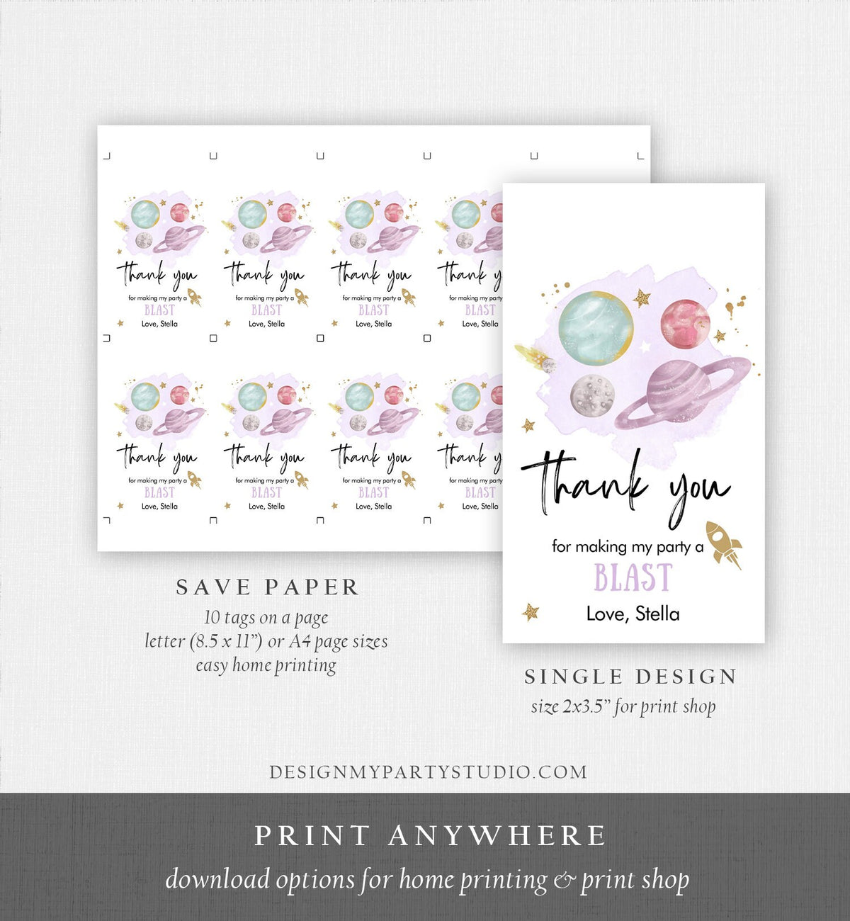 Editable Outer Space Favor Tag Space Birthday Thank You Label Galaxy Gift Trip Around the Sun Planets Purple Digital Template Printable 0357