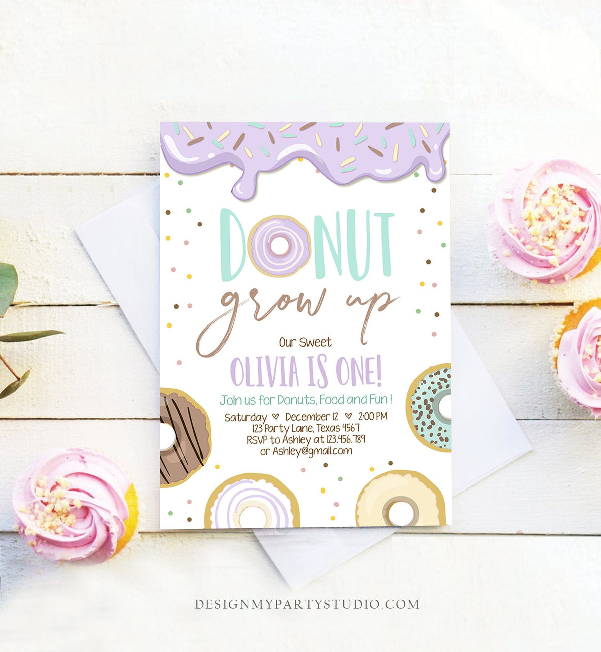 Editable Donut Grow Up Birthday Invitation First Birthday Party Lavender Girl Doughnut Sweet Digital Download Printable Template Corjl 0320