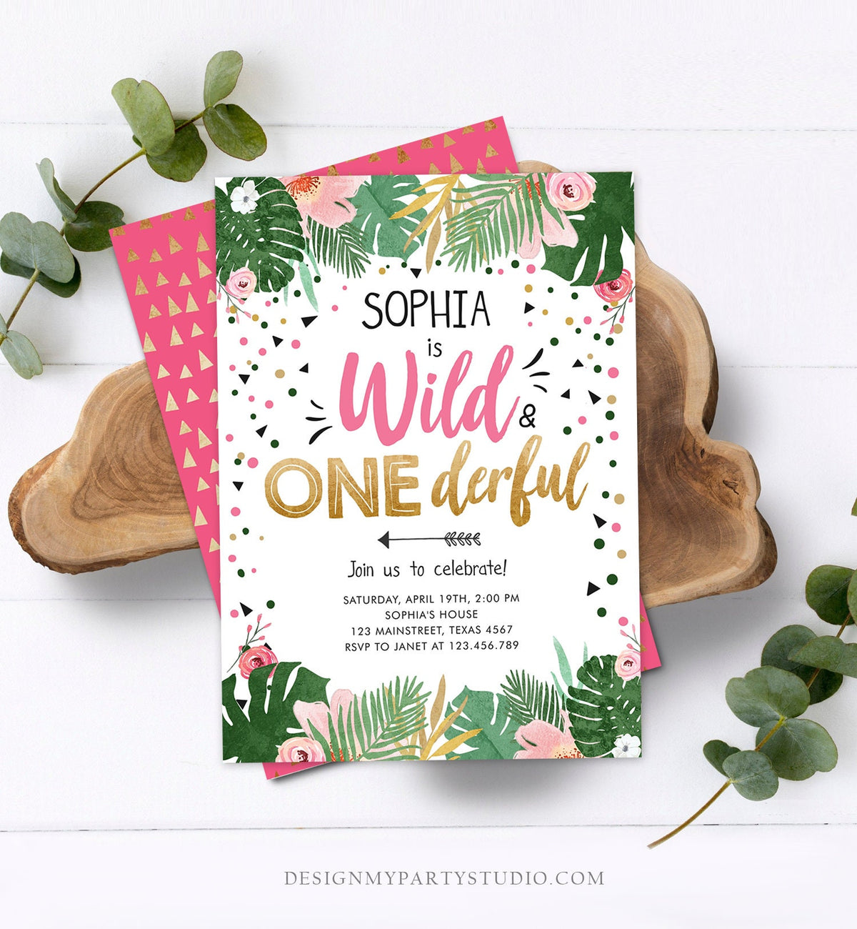 Editable Wild and Onederful Birthday Invitation Girl Wild One Safari Tropical Pink Gold Jungle First Birthday Evite Template Printable 0332