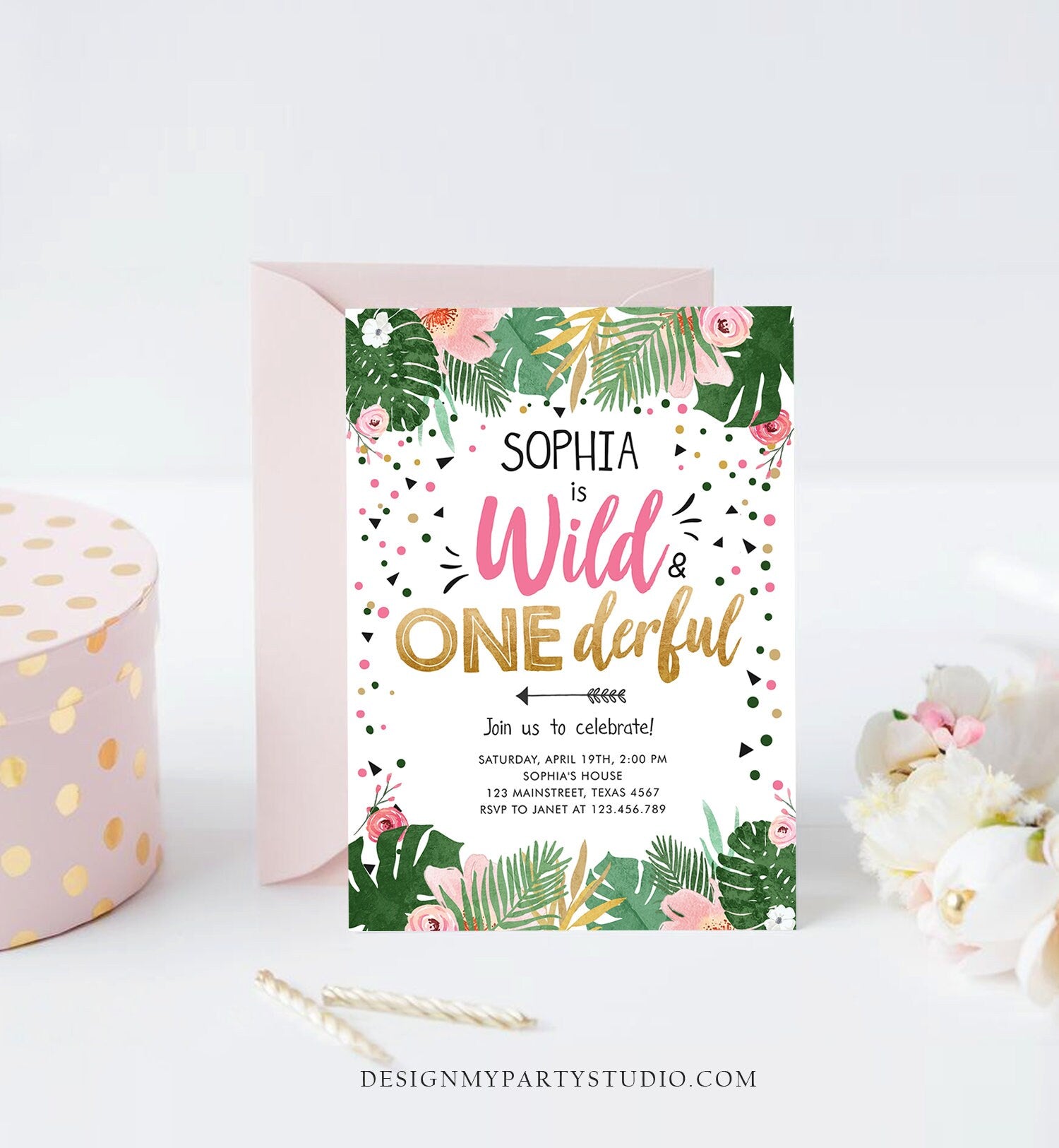 Editable Wild and Onederful Birthday Invitation Girl Wild One Safari Tropical Pink Gold Jungle First Birthday Corjl Template Printable 0332
