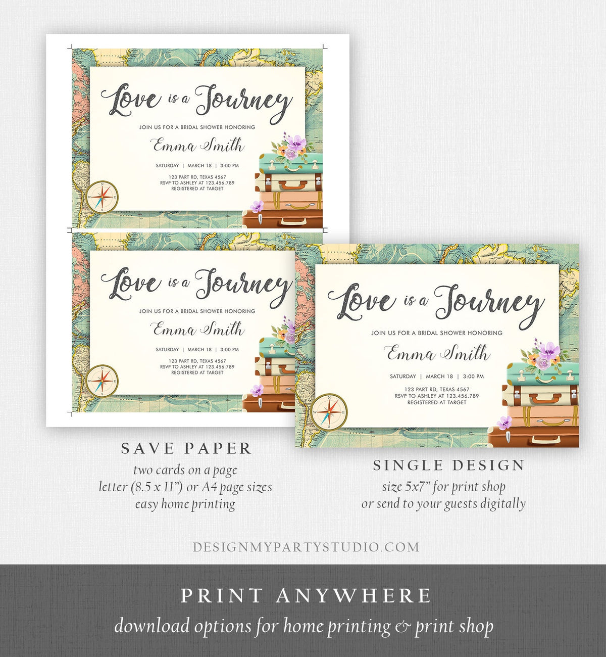 Editable Love is a Journey Bridal Shower Invitation World Map Suitcase Vintage Adventure Purple Lilac Floral Template Corjl Printable 0044