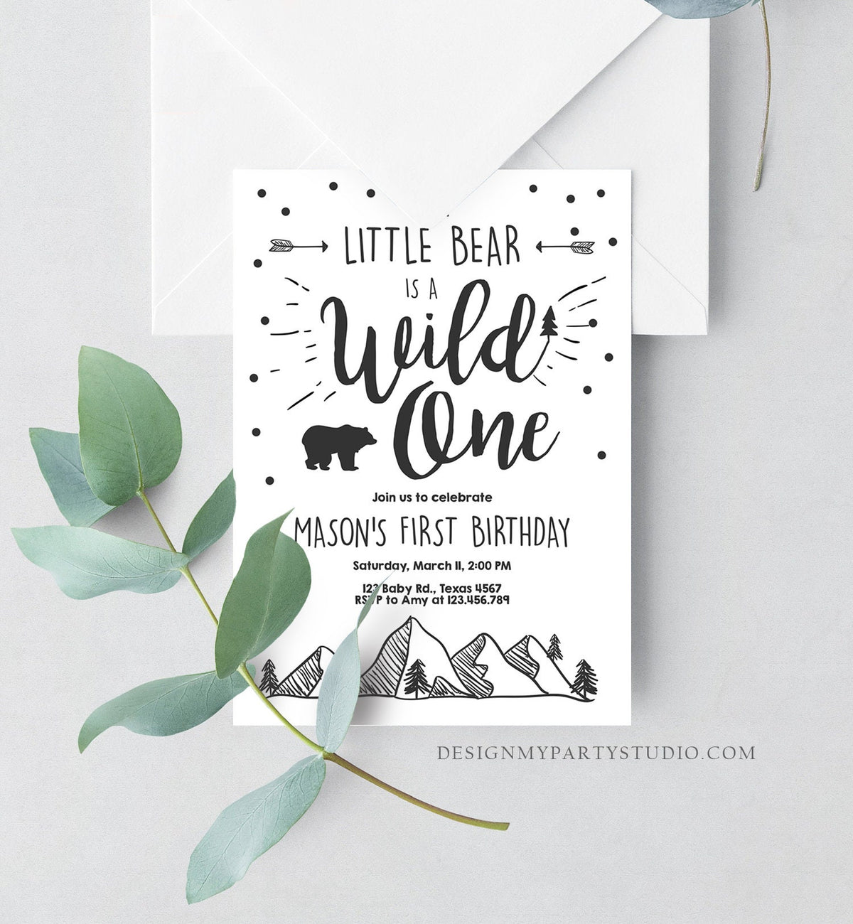 Editable Wild One Adventure First Birthday Invitation Little Bear Wild Things Boy Mountains Outdoor Digital Download Template Printable 0083