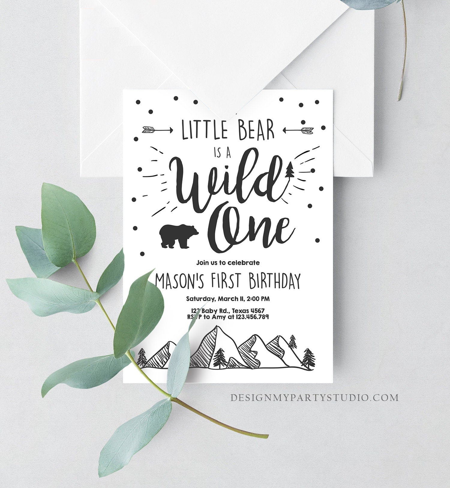 Editable Wild One Adventure First Birthday Invitation Little Bear Wild Things Boy Mountains Outdoor Digital Download Template Printable 0083
