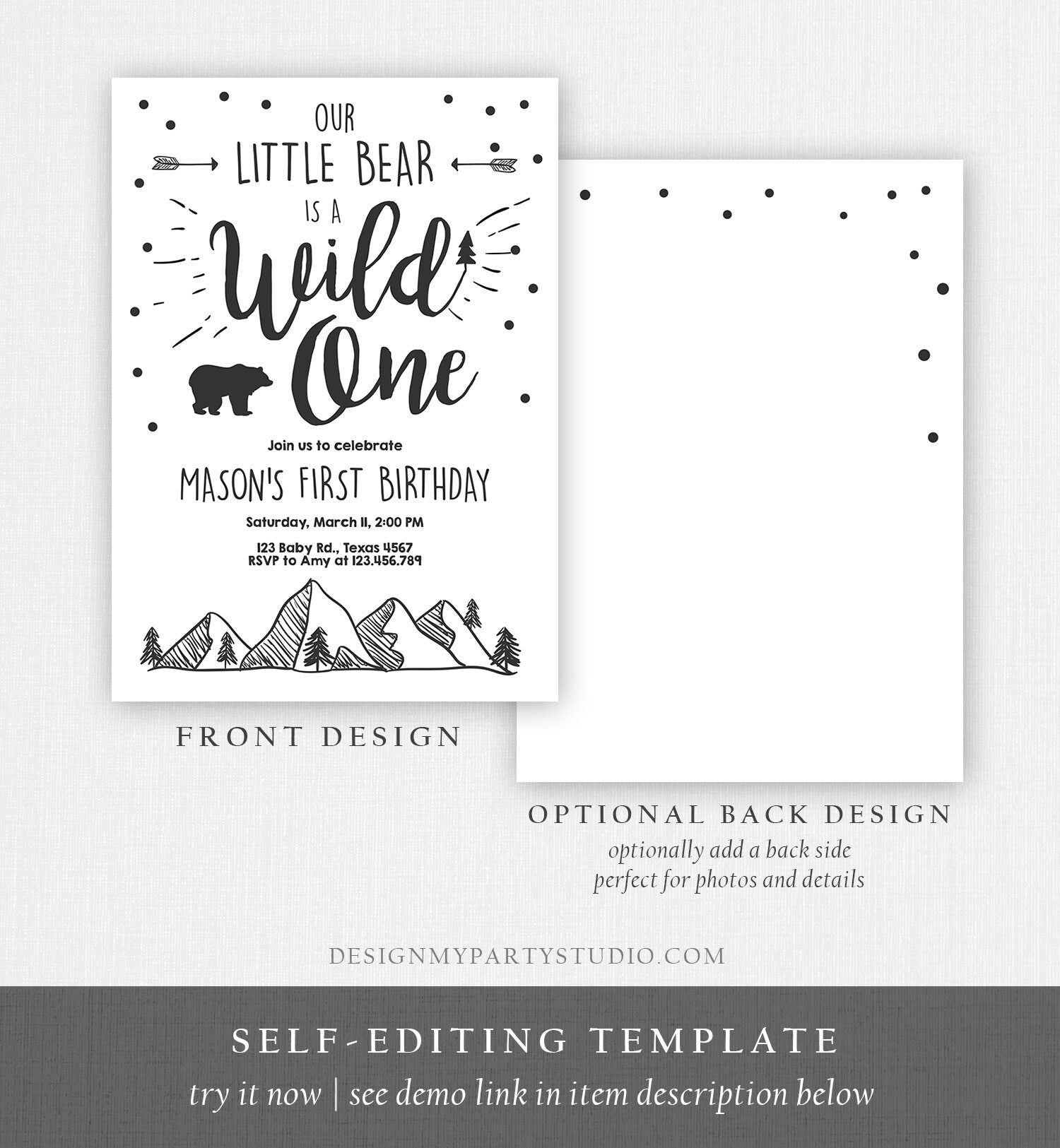 Editable Wild One Adventure First Birthday Invitation Little Bear Wild Things Boy Mountains Outdoor Digital Download Template Printable 0083