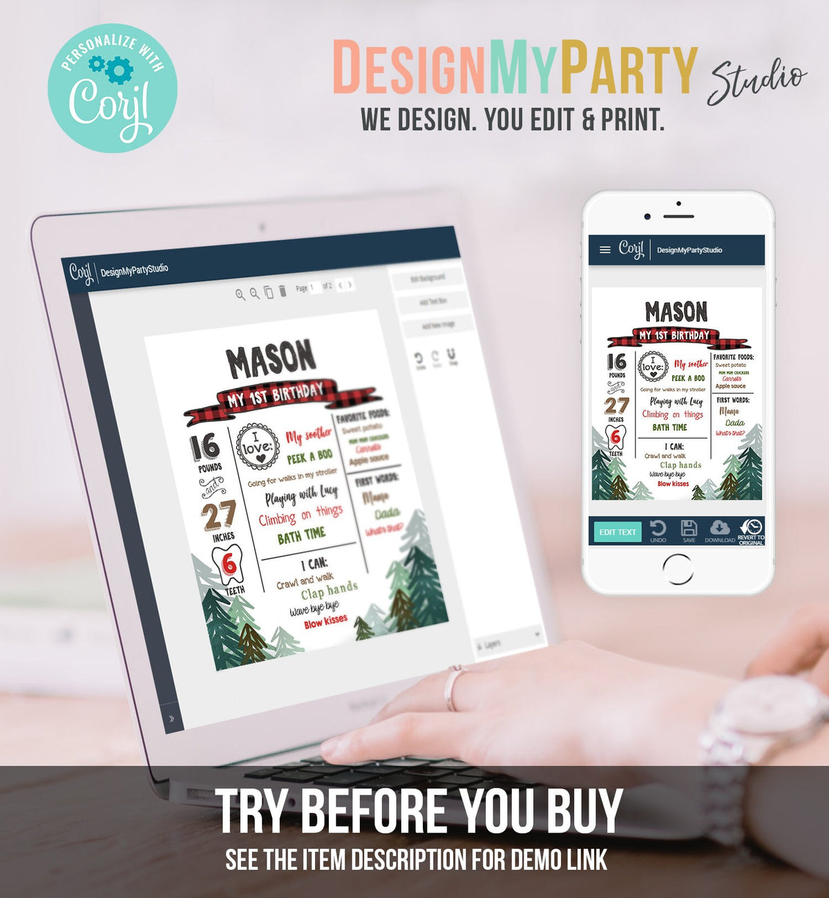 Editable Lumberjack Birthday Milestones Sign Pine Tree Stat Poster Infographic Woodland 1st Birthday Bear Template Printable Corjl 0377