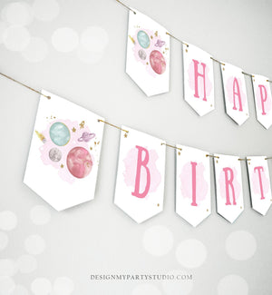 Happy Birthday Banner Outer Space Planets Banner Girl Galaxy First Birthday Decorations Rocket Instant download PRINTABLE DIGITAL DIY 0357