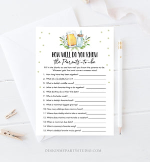 Editable How Well Do You Know the Parents Baby Shower Game Greenery Baby is Brewing Activity Beer Bottle Corjl Template Printable 0190