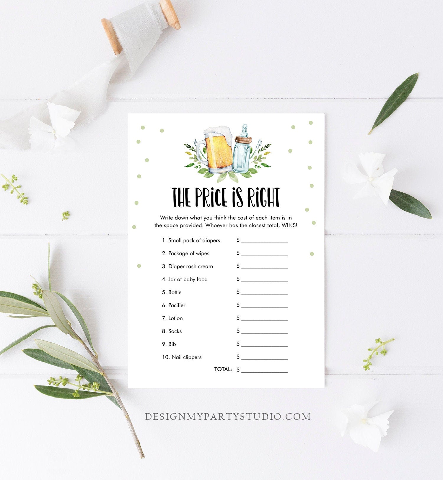 Editable The Price is Right Baby Shower Game Greenery Baby is Brewing Activity Gender Neutral Beer Bottle Digital Template Printable 0190