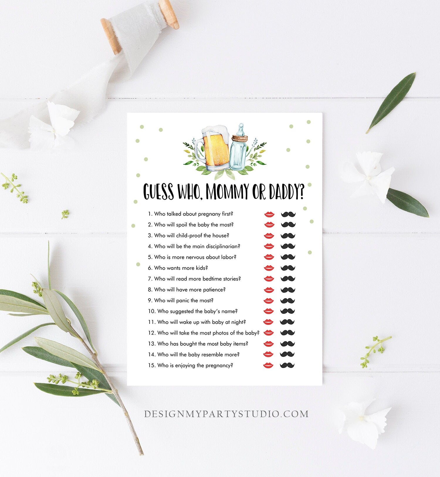 Editable Mommy or Daddy Baby Shower Game Guess Who Mom Dad Greenery Baby is Brewing Activity Beer Bottle Digital Template Printable 0190