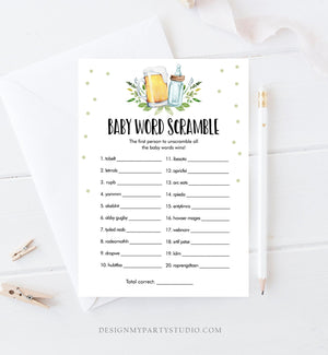 Editable Word Scramble Baby Shower Game Word Search Greenery Baby is Brewing Shower Activity Beer Bottle Corjl Template Printable 0190