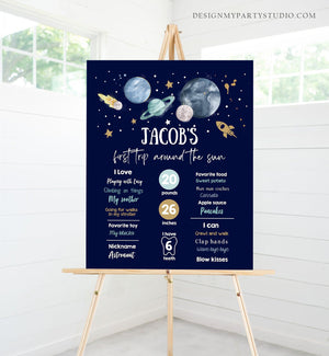 Editable Outer Space Birthday Milestones Sign First Trip Around the Sun Boy 1st Birthday Space Galaxy Planets Template Printable Corjl 0357