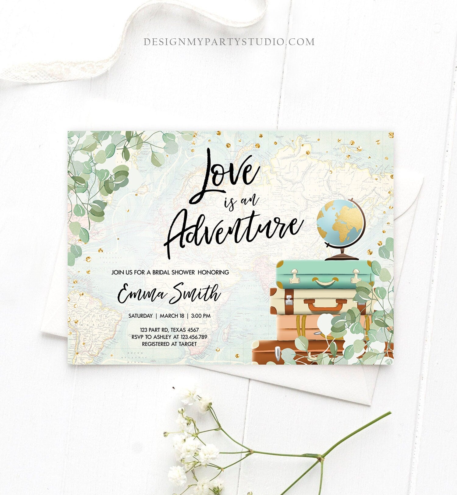 Editable Love is an Adventure Bridal Shower Invitation Miss to Mrs Travel Gold Eucalyptus Greenery Suitcases Download Corjl Template 0030