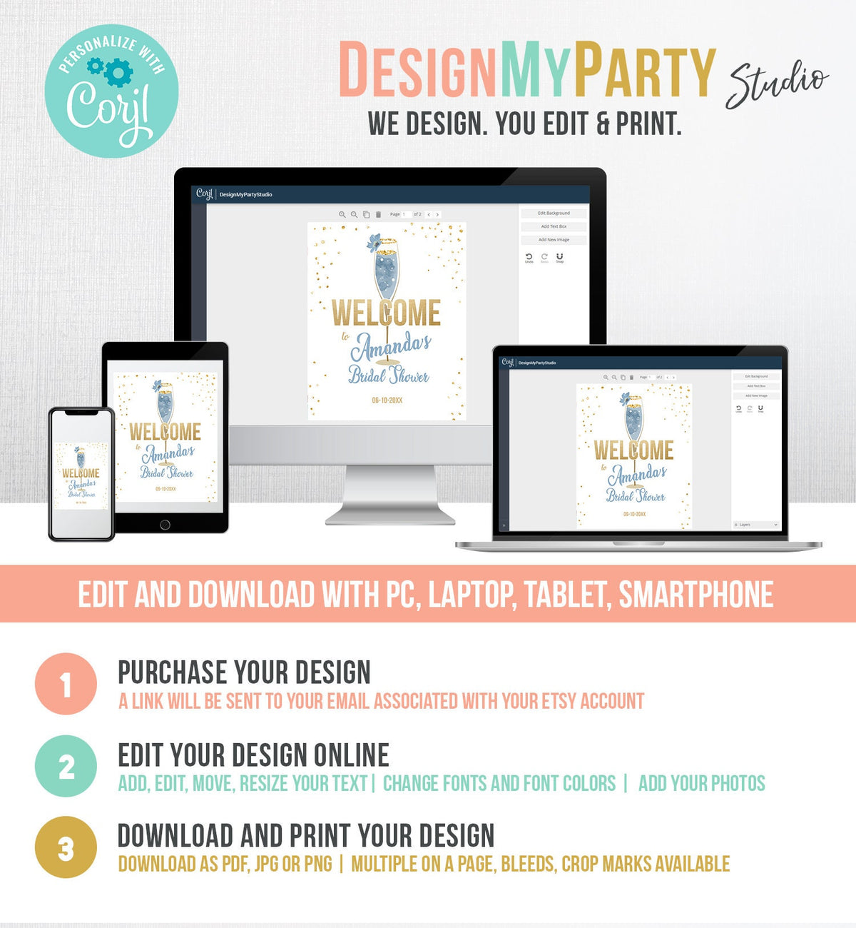 Editable Brunch and Bubbly Welcome Sign Bridal Shower Floral Champagne Gold Blue Wedding Shower Welcome Sign Digital Corjl Template 0150