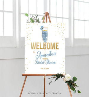 Editable Brunch and Bubbly Welcome Sign Bridal Shower Floral Champagne Gold Blue Wedding Shower Welcome Sign Digital Corjl Template 0150